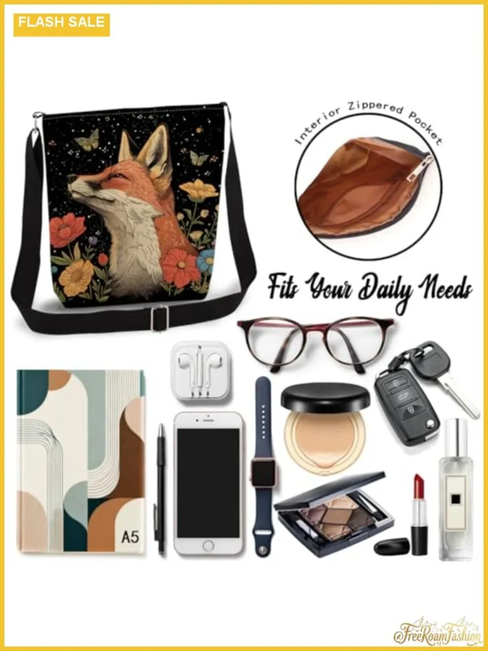 Floral Fox Crossbody Bag Messenger Purse Canvas Polyester Adjustable Strap
